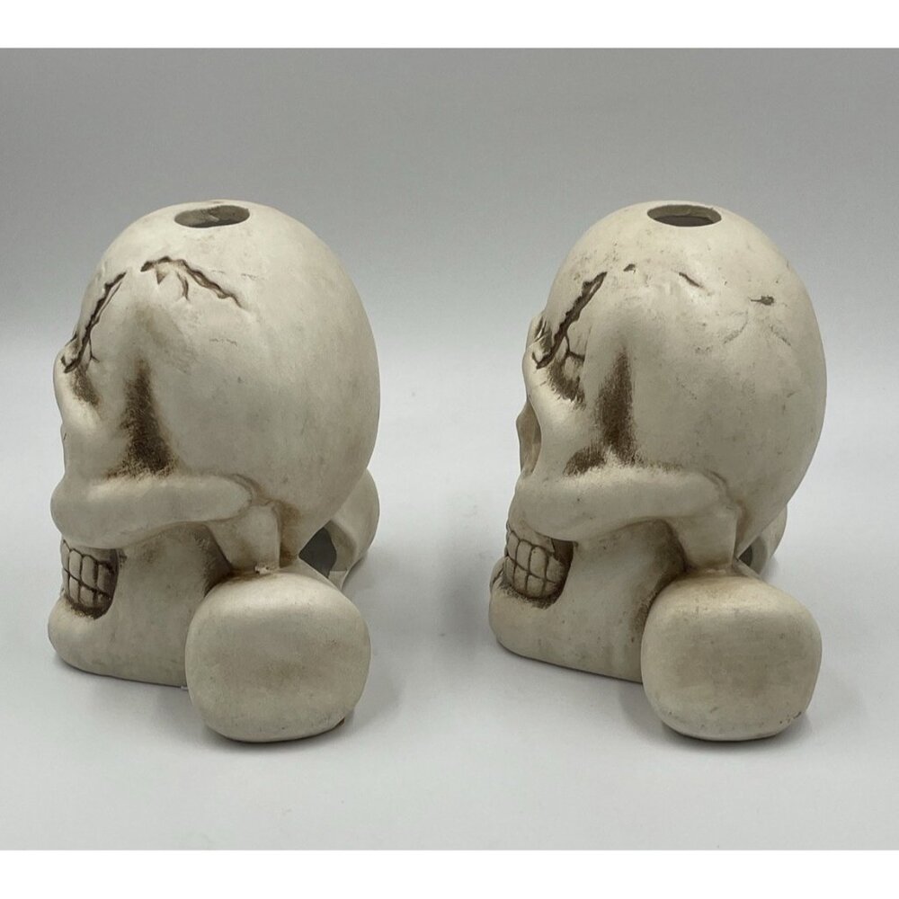 Vintage Halloween Decor Ceramic Set 2 Skull Candle Holders - Picture 5 of 12